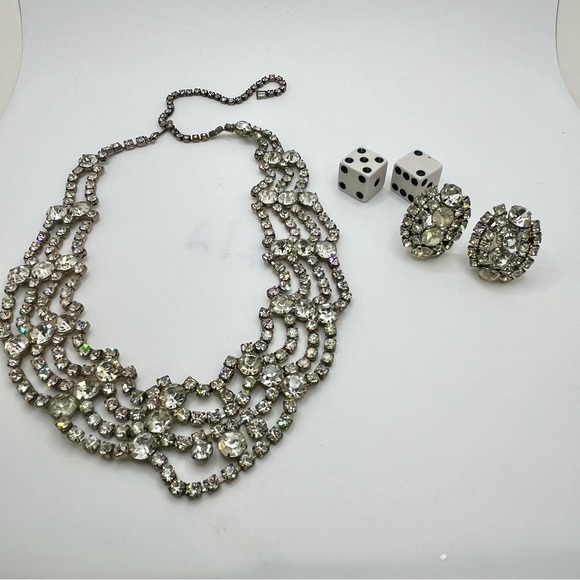 Vintage Multi Strand Rhinestone Necklace Earrings Set | Silver Tone | Statement - Picture 12 of 16